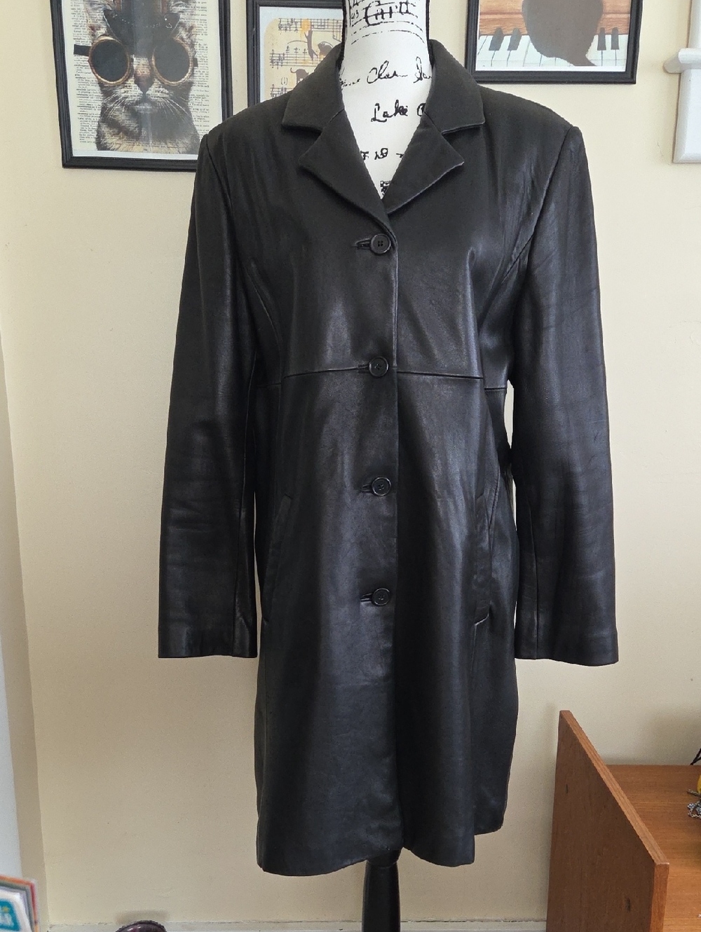 Jones New York Black Leather Button-Front Coat